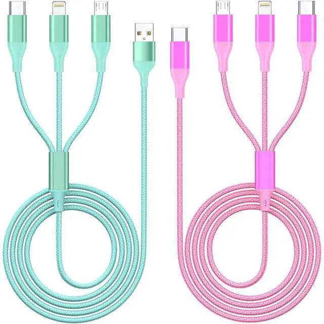 Main image of 3 in 1 Multi Charging Cable for Multiple Devices with USB-C/IP/Micro Port, USB Cable iPhone Charger Cord, Travel Car Charger Cord for iPhone17-8, Galaxy 25 Android iPad, 2Pack 4FT-Green/Rose