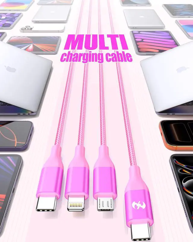 Alt view image 2 of 6 - 3 in 1 Multi Charging Cable for Multiple Devices with USB-C/IP/Micro Port, USB Cable iPhone Charger Cord, Travel Car Charger Cord for iPhone17-8, Galaxy 25 Android iPad, 2Pack 4FT-Green/Rose
