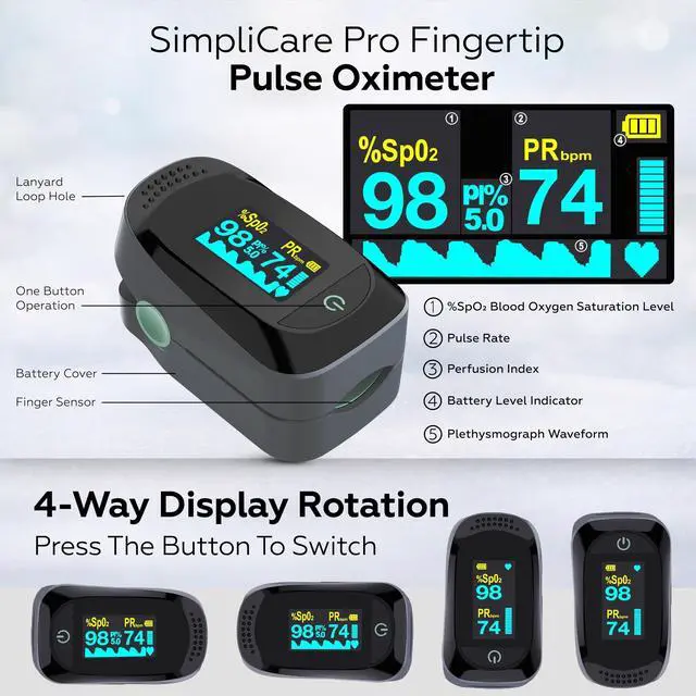 Alt view image 2 of 7 - Fingertip Pulse Oximeter, Blood Oxygen Monitor SpO2 O2 Sensor & Heart Rate Monitor, Pulse Ox with PI & Plethysmograph, Color OLED Display 4-Way Rotation, 40H Battery, EVA Case (C101A2)