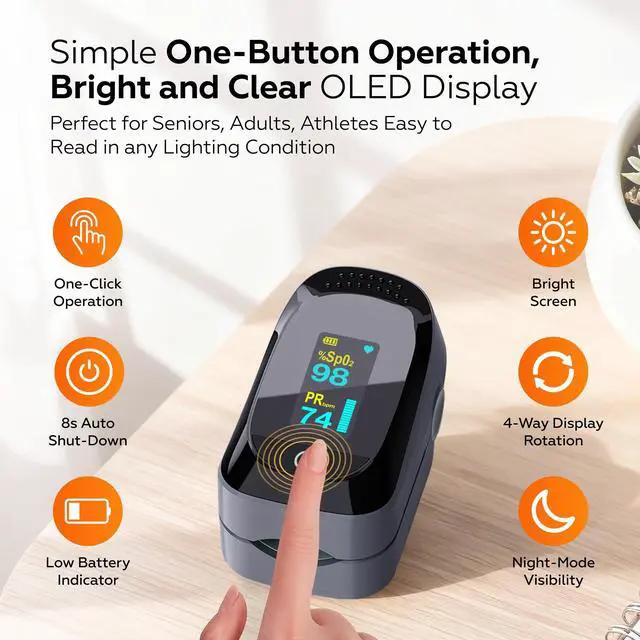 Alt view image 3 of 7 - Fingertip Pulse Oximeter, Blood Oxygen Monitor SpO2 O2 Sensor & Heart Rate Monitor, Pulse Ox with PI & Plethysmograph, Color OLED Display 4-Way Rotation, 40H Battery, EVA Case (C101A2)