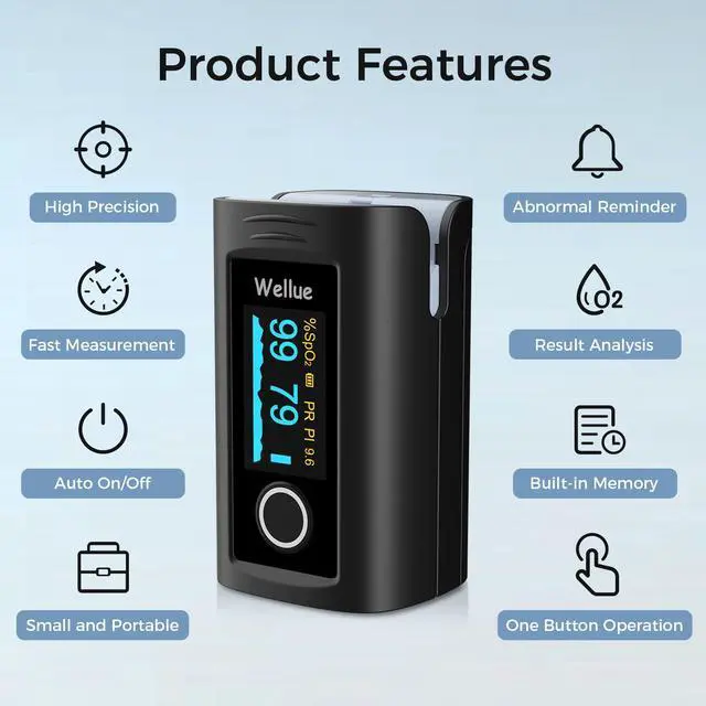 Alt view image 2 of 7 - Fingertip Pulse Oximeter, Blood Oxygen Saturation Monitor with Batteries, Carry Bag & Lanyard for Wellness Use
