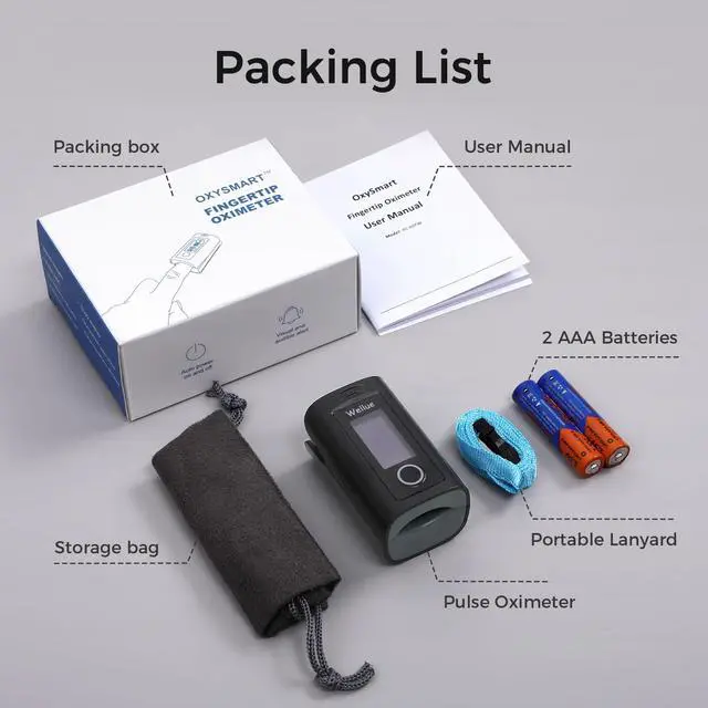 Alt view image 7 of 7 - Fingertip Pulse Oximeter, Blood Oxygen Saturation Monitor with Batteries, Carry Bag & Lanyard for Wellness Use