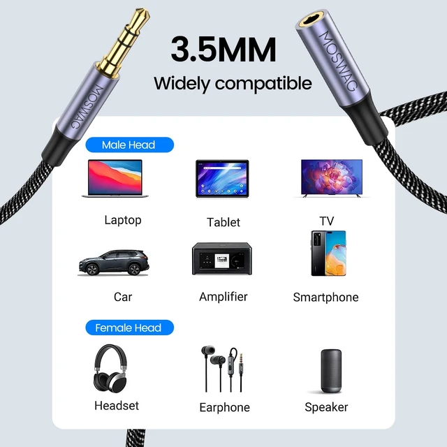 Alt view image 2 of 6 - 10FT 3.5mm Extension Cable Audio Male to Female Stereo Extension | Nylon Braided Cord Compatible for Home/Car Stereos Smartphones Headphones Tablets Media Players and More