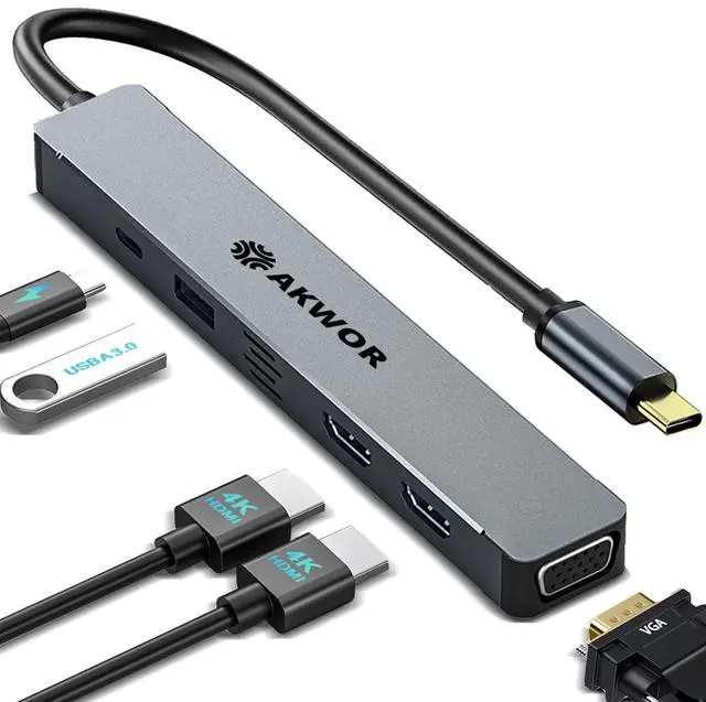 Main image of USB C Hub Docking Station Dual HDMI, USB C to HDMI VGA Adapter Triple Monitor with 2 * 4K HDMI+1080P VGA+USB 3.0+PD 100W Charing for MacBook Pro, XPS, More Laptop