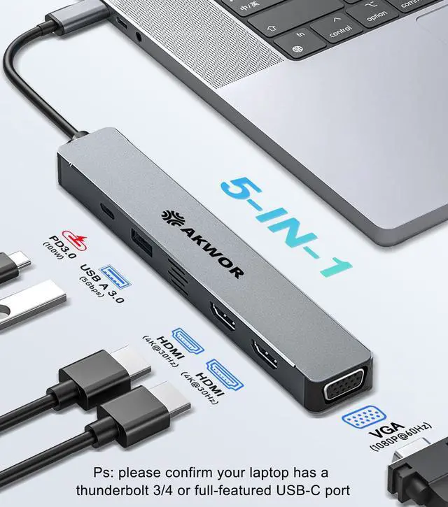 Alt view image 2 of 7 - USB C Hub Docking Station Dual HDMI, USB C to HDMI VGA Adapter Triple Monitor with 2 * 4K HDMI+1080P VGA+USB 3.0+PD 100W Charing for MacBook Pro, XPS, More Laptop