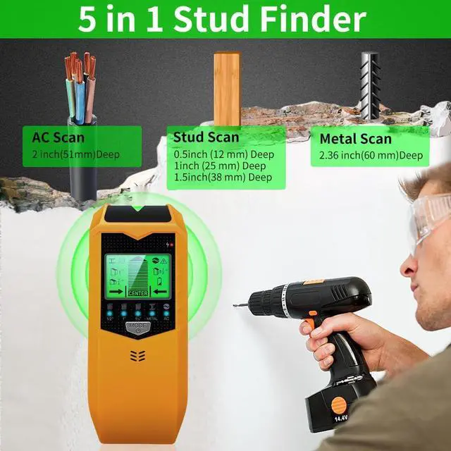 Alt view image 2 of 6 - Stud Finder Wall Scanner, 5 in 1 Stud Detector with HD LCD Display for Center and Edge of Wood Metal AC Wire