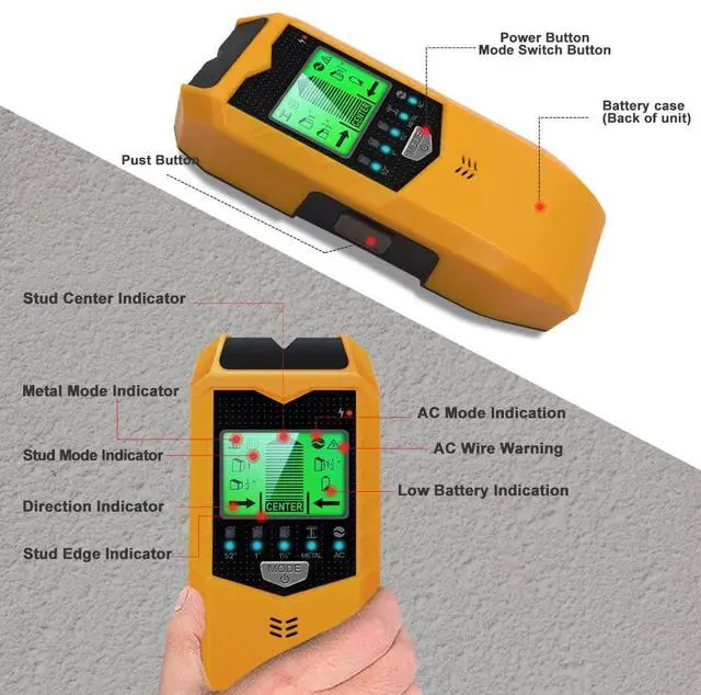 Alt view image 4 of 6 - Stud Finder Wall Scanner, 5 in 1 Stud Detector with HD LCD Display for Center and Edge of Wood Metal AC Wire