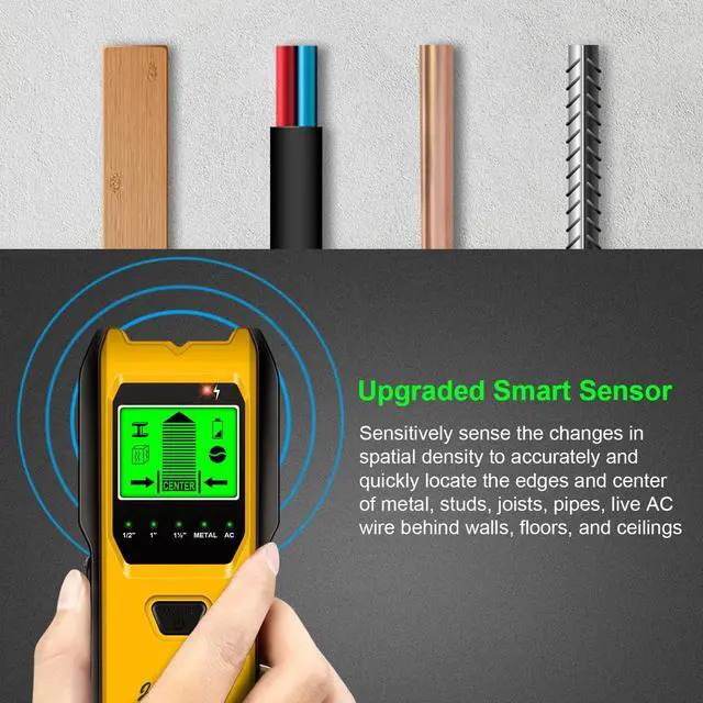 Alt view image 2 of 7 - Stud Finder Wall Scanner, 5 in 1 Multifunction Stud Locator with Upgraded Smart Sensor, HD LCD Display and Audio Alarm for The Center & Edge of Metal, Studs, AC Wire, and Pipe Detection (Lemon)