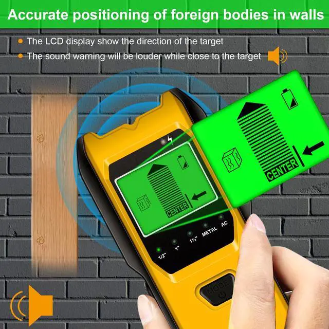 Alt view image 5 of 7 - Stud Finder Wall Scanner, 5 in 1 Multifunction Stud Locator with Upgraded Smart Sensor, HD LCD Display and Audio Alarm for The Center & Edge of Metal, Studs, AC Wire, and Pipe Detection (Lemon)