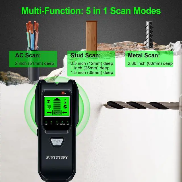 Alt view image 3 of 7 - Stud Finder Wall Scanner - 5 in 1 Electronic Stud Detector with Upgraded Smart Sensor, Audio Alarm and HD LCD Display for the Center and Edge of Wood, AC Wire, Metal and Studs Detection(Frosted Black)