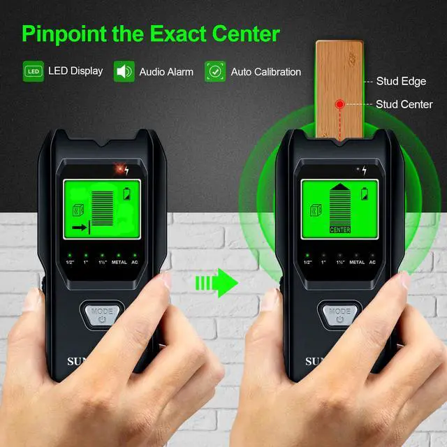 Alt view image 4 of 7 - Stud Finder Wall Scanner - 5 in 1 Electronic Stud Detector with Upgraded Smart Sensor, Audio Alarm and HD LCD Display for the Center and Edge of Wood, AC Wire, Metal and Studs Detection(Frosted Black)