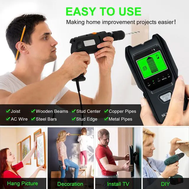 Alt view image 6 of 7 - Stud Finder Wall Scanner - 5 in 1 Electronic Stud Detector with Upgraded Smart Sensor, Audio Alarm and HD LCD Display for the Center and Edge of Wood, AC Wire, Metal and Studs Detection(Frosted Black)