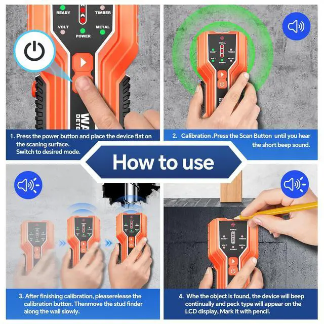 Alt view image 6 of 7 - Stud Finder, 3-in-1 Electronic Stud Finder Wall Scanner for Wood, Metal, Joists, Pipes and AC Wires,Upgraded Intelligent Chip with Audible Alarm, Battery Included