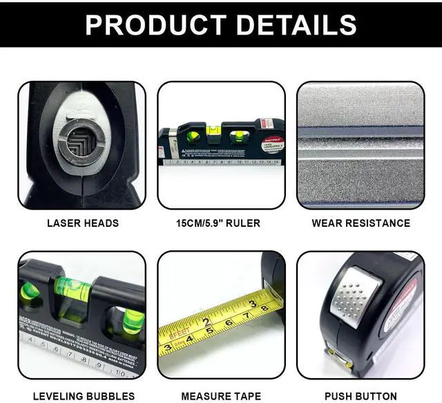 Alt view image 4 of 6 - Laser Level, Multipurpose Cross Line Kit with Metric Rulers 8FT/2.5M 4-in-1 Laser Level Line tools for Construction, Home Renovation,Picture Hanging Cabinets