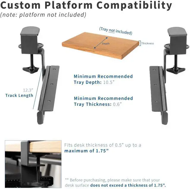 Alt view image 3 of 7 - Clamp and 12 inch Rail Set for DIY Custom Wooden Keyboard Trays (Rail Set Only - Tray Not Included), Pull Out Slider Track with C-clamp Mount System, Black, MOUNT-RAIL02