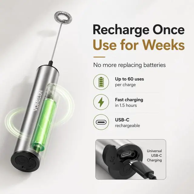Alt view image 2 of 7 - Rechargeable Milk Frother Battery Operated,2-Speed Portable Travel Frother,Electric Milk Foamer Coffee Frother for Latte, Cappuccino, Hot Chocolate Drink Mixer with Double Mini Whisks and USB Cable