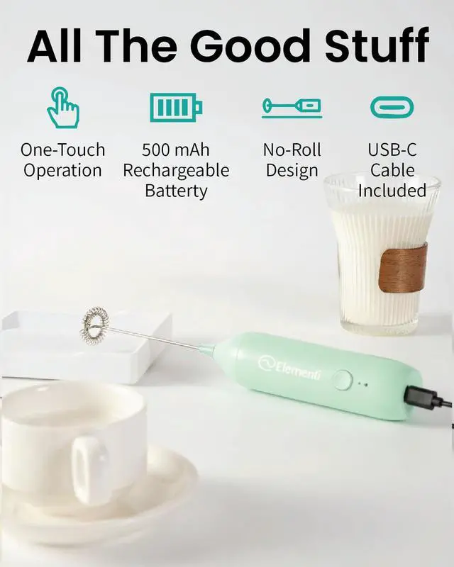Alt view image 4 of 7 - Rechargeable Milk Frother Wand & Drink Mixer Handheld - Powerful USB-C Rechargeable Frother - Hand Held Milk Foamer Whisk to Make Perfect Cappuccinos, Lattes & Drink Mixes (Mint Green)
