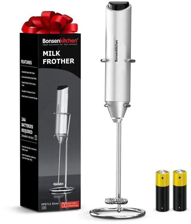 Main image of Powerful Milk Frother with Stand for Coffee, Fast Handheld Drink Mixer with Stainless Steel Whisk, Battery Operated Hand Frother Stirrer Wand-Silver