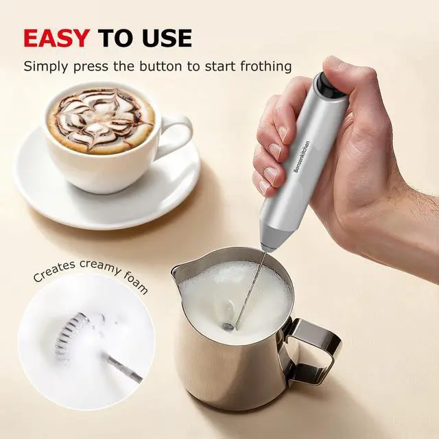 Alt view image 4 of 7 - Powerful Milk Frother with Stand for Coffee, Fast Handheld Drink Mixer with Stainless Steel Whisk, Battery Operated Hand Frother Stirrer Wand-Silver