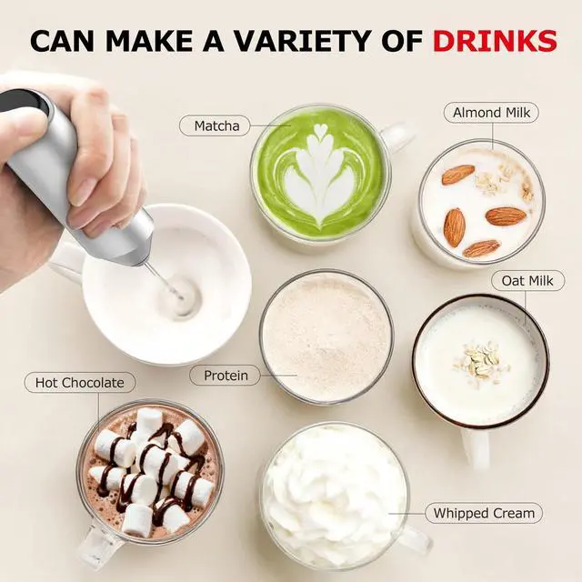 Alt view image 5 of 7 - Powerful Milk Frother with Stand for Coffee, Fast Handheld Drink Mixer with Stainless Steel Whisk, Battery Operated Hand Frother Stirrer Wand-Silver
