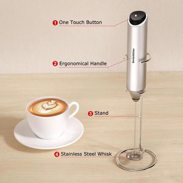 Alt view image 6 of 7 - Powerful Milk Frother with Stand for Coffee, Fast Handheld Drink Mixer with Stainless Steel Whisk, Battery Operated Hand Frother Stirrer Wand-Silver