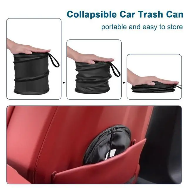 Alt view image 2 of 7 - Car Trash Can, 2 Packs Mini Collapsible Pop-up Car Garbage Can, Waterproof Hanging Car Trash Bag with Velcro, Car Trash Bin, Black