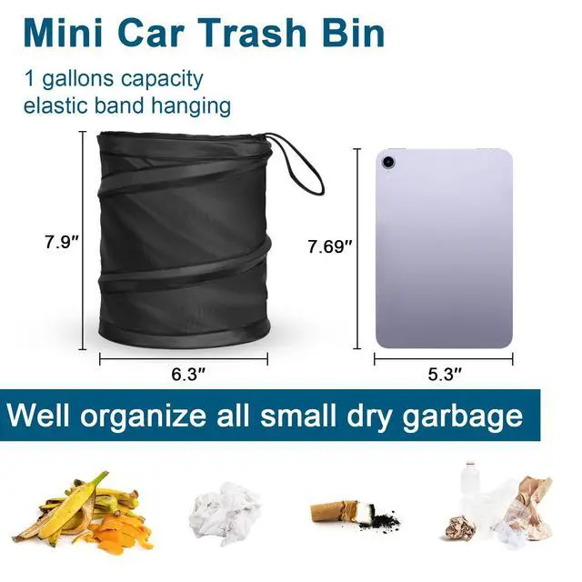 Alt view image 5 of 7 - Car Trash Can, 2 Packs Mini Collapsible Pop-up Car Garbage Can, Waterproof Hanging Car Trash Bag with Velcro, Car Trash Bin, Black