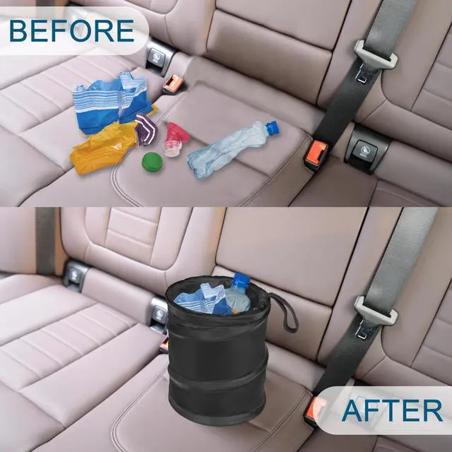 Alt view image 6 of 7 - Car Trash Can, 2 Packs Mini Collapsible Pop-up Car Garbage Can, Waterproof Hanging Car Trash Bag with Velcro, Car Trash Bin, Black