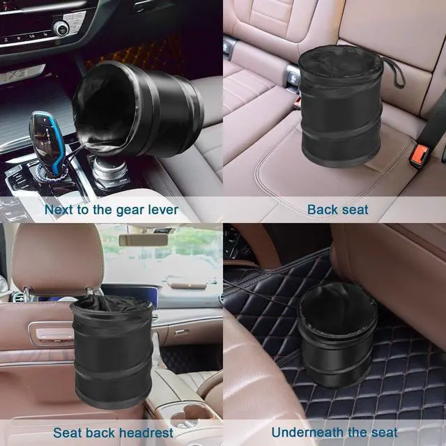 Alt view image 7 of 7 - Car Trash Can, 2 Packs Mini Collapsible Pop-up Car Garbage Can, Waterproof Hanging Car Trash Bag with Velcro, Car Trash Bin, Black