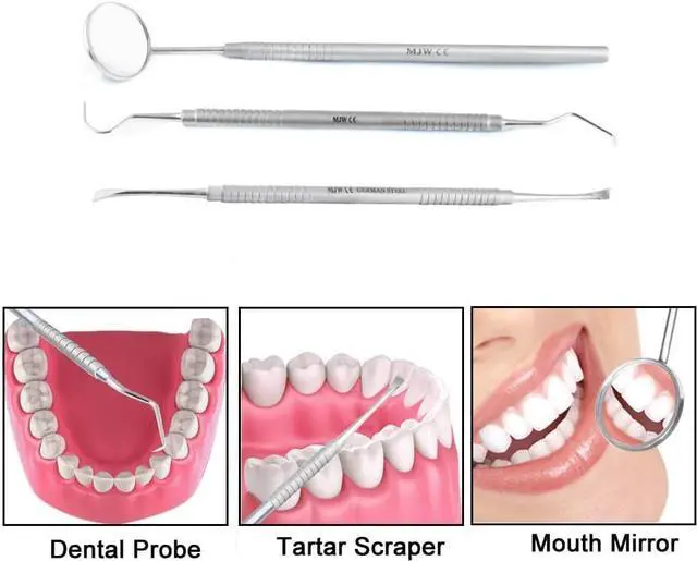 Alt view image 3 of 4 - Dental Tools, 3 Pcs Dental Hygiene Cleaning Kit, Plaque Remover for Teeth, Stainless Steel Oral Care Cleaning Tools Set with Mouth Mirror, Tartar Scraper, Tooth Pick