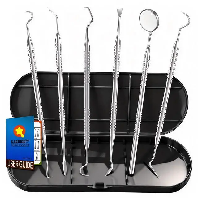 Main image of Dental Tools, Metal Dental Pick Teeth Cleaning Tools for Home Use, Stainless Steel Oral Care Hygiene Kit with Tooth Scraper Plaque Tartar Remover - with Case