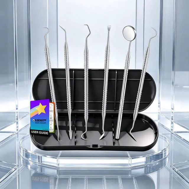 Alt view image 2 of 7 - Dental Tools, Metal Dental Pick Teeth Cleaning Tools for Home Use, Stainless Steel Oral Care Hygiene Kit with Tooth Scraper Plaque Tartar Remover - with Case