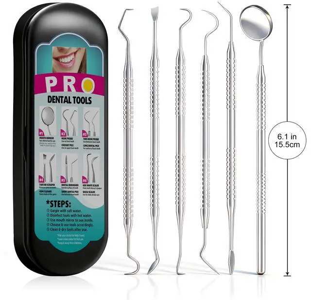 Alt view image 6 of 7 - Dental Tools, Metal Dental Pick Teeth Cleaning Tools for Home Use, Stainless Steel Oral Care Hygiene Kit with Tooth Scraper Plaque Tartar Remover - with Case