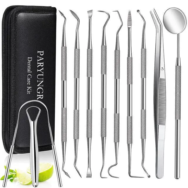 Main image of 11 Pack Dental Tools Teeth Cleaning Tool Kit, Stainless Steel Tongue Scraper Tartar Plaque Remover Tooth Cleaner Dental Floss Picks Mouth Mirror, Professional Oral Care Hygiene Set with Case