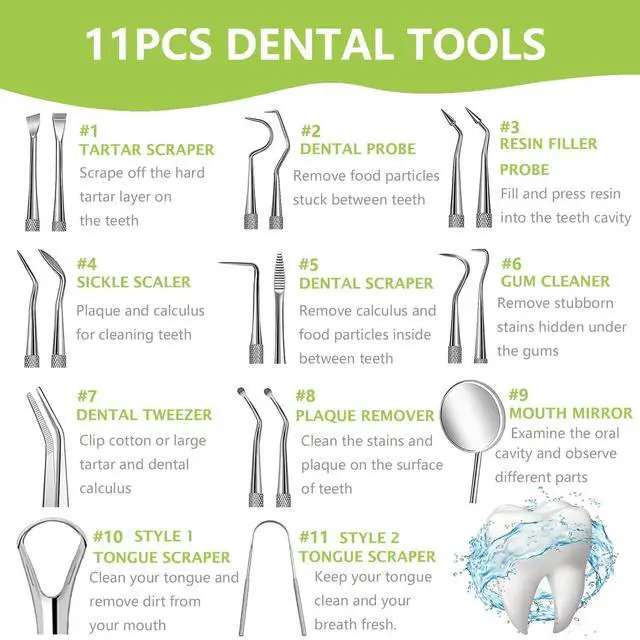Alt view image 4 of 7 - 11 Pack Dental Tools Teeth Cleaning Tool Kit, Stainless Steel Tongue Scraper Tartar Plaque Remover Tooth Cleaner Dental Floss Picks Mouth Mirror, Professional Oral Care Hygiene Set with Case
