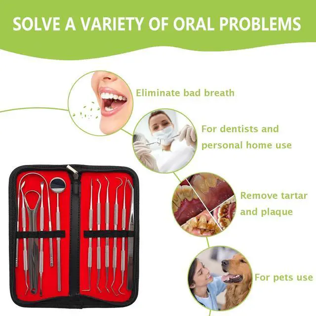 Alt view image 5 of 7 - 11 Pack Dental Tools Teeth Cleaning Tool Kit, Stainless Steel Tongue Scraper Tartar Plaque Remover Tooth Cleaner Dental Floss Picks Mouth Mirror, Professional Oral Care Hygiene Set with Case