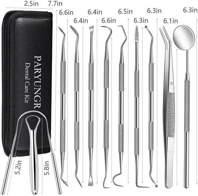 Alt view image 7 of 7 - 11 Pack Dental Tools Teeth Cleaning Tool Kit, Stainless Steel Tongue Scraper Tartar Plaque Remover Tooth Cleaner Dental Floss Picks Mouth Mirror, Professional Oral Care Hygiene Set with Case