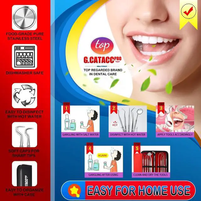 Alt view image 4 of 7 - Dental Tools, Dental Pick Teeth Cleaning Tools Hygiene Kit, Plaque Remover for Teeth, Professional Stainless Steel Tooth Scraper Plaque Tartar Cleaner - with Case