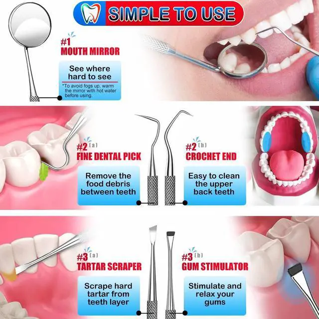 Alt view image 5 of 7 - Dental Tools, Dental Pick Teeth Cleaning Tools Hygiene Kit, Plaque Remover for Teeth, Professional Stainless Steel Tooth Scraper Plaque Tartar Cleaner - with Case