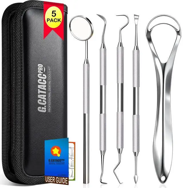 Main image of Dental Tools, Teeth Cleaning Tools Oral Care Hygiene Kit with Tongue Cleaner, Stainless Steel Dental Pick Tooth Scraper Plaque Tartar Remover for Teeth - with Case