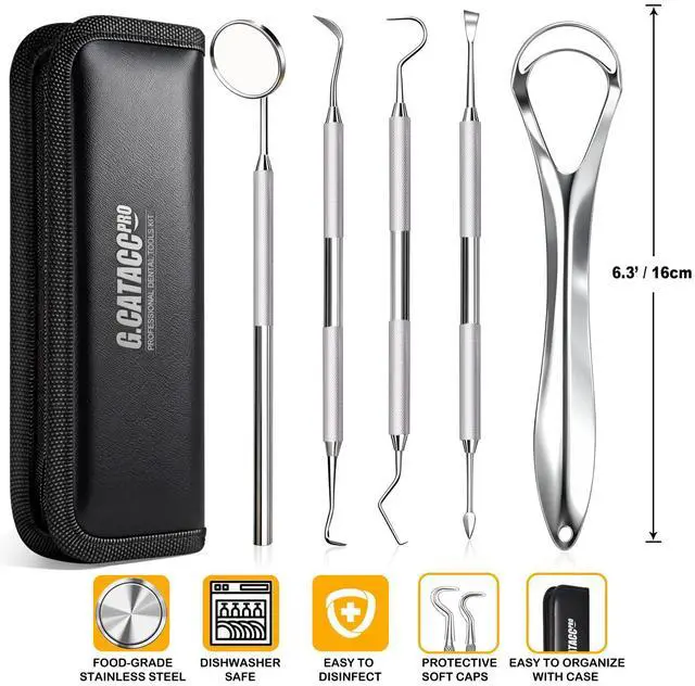 Alt view image 6 of 7 - Dental Tools, Teeth Cleaning Tools Oral Care Hygiene Kit with Tongue Cleaner, Stainless Steel Dental Pick Tooth Scraper Plaque Tartar Remover for Teeth - with Case