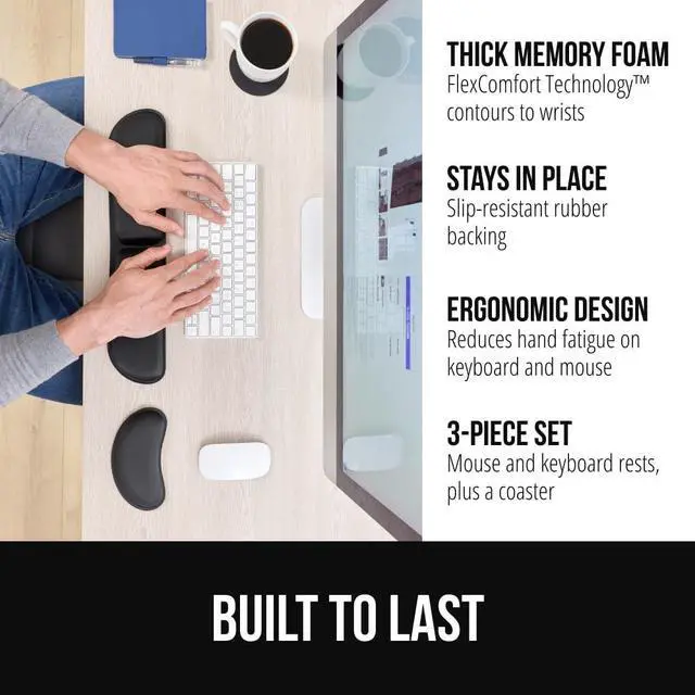 Alt view image 2 of 7 - Silky Memory Foam Keyboard Wrist Rest for Computer and Mouse, Ergonomic Typing Support Pad, Desk Office Supplies, Gaming Accessories, Hand & Arm Mousepad Cushion and Coaster Set, Black