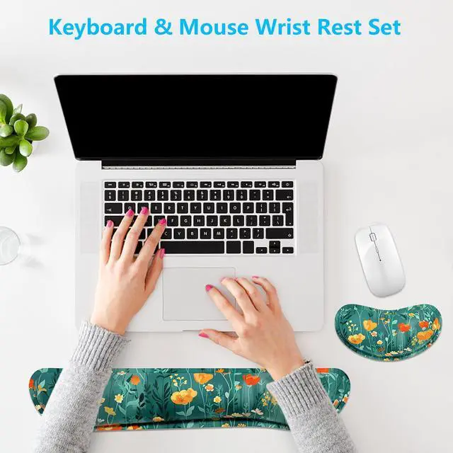 Alt view image 7 of 7 - Enlarge Keyboard Wrist Rest Pad, Memory Foam Set Wrist Cushion Support for Easy Typing & Pain Relief, Mouse Wrist Pad, Anti-Slip Wrist Support for Gaming, Computer, Office, Forest Flowers