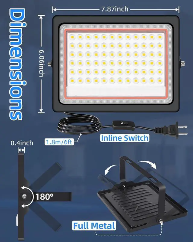 Alt view image 6 of 7 - 60W LED Flood Light Outdoor with 6ft Plug, 7200LM Brighter Security Light, 5000K Daylight Floodlights Exterior, IP66 Waterproof for Yard, Garage, Workshop, Lawn, 2 Pack