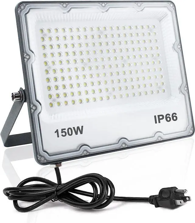 Main image of 150W LED Flood Lights Plug in, Outdoor Security Lights Fixtures 6500K 15000LM Illumination, IP66 Waterproof White Lighting for Ball Ground, Parking Lot, Pathway, Yard (1 Pack)