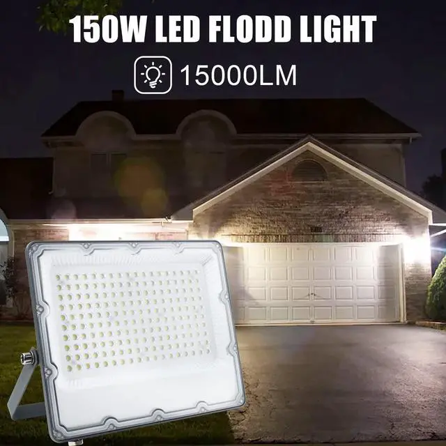 Alt view image 2 of 6 - 150W LED Flood Lights Plug in, Outdoor Security Lights Fixtures 6500K 15000LM Illumination, IP66 Waterproof White Lighting for Ball Ground, Parking Lot, Pathway, Yard (1 Pack)