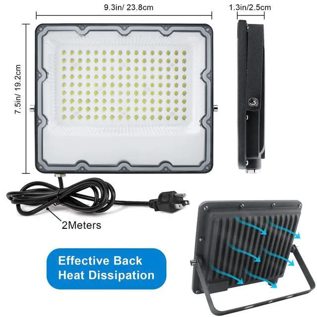 Alt view image 5 of 6 - 150W LED Flood Lights Plug in, Outdoor Security Lights Fixtures 6500K 15000LM Illumination, IP66 Waterproof White Lighting for Ball Ground, Parking Lot, Pathway, Yard (1 Pack)