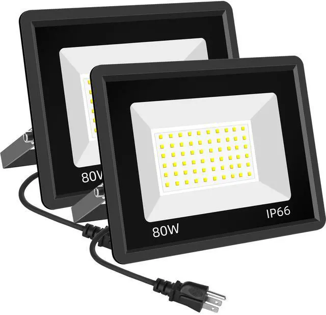 Main image of 2 Pack 80W LED Flood Light Outdoor, 9600LM Super Bright FloodLight with Plug, 5000K Daylight White IP66 Waterproof Commercial Lighting for Backyard Garden Patio Garage
