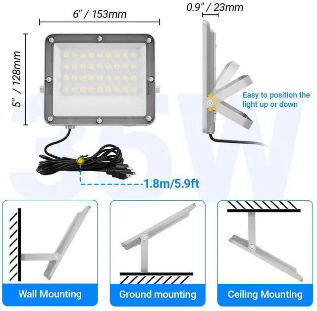 Alt view image 6 of 7 - 35W Plug in LED Flood Lights Outdoor, 3500lm Super Bright LED Work Light with 5.9FT Plug, IP66 Waterproof 6000K Flood Lighting for Backyard, Workshop, Basketball Court, 2 Pack