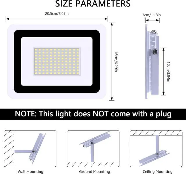 Alt view image 2 of 6 - 100W Super Bright LED Outdoor Flood Light, IP68 Waterproof Landscape Work Lamp with US Plug, White Housing, Cool White Lighting for Garden Roof Yard Store